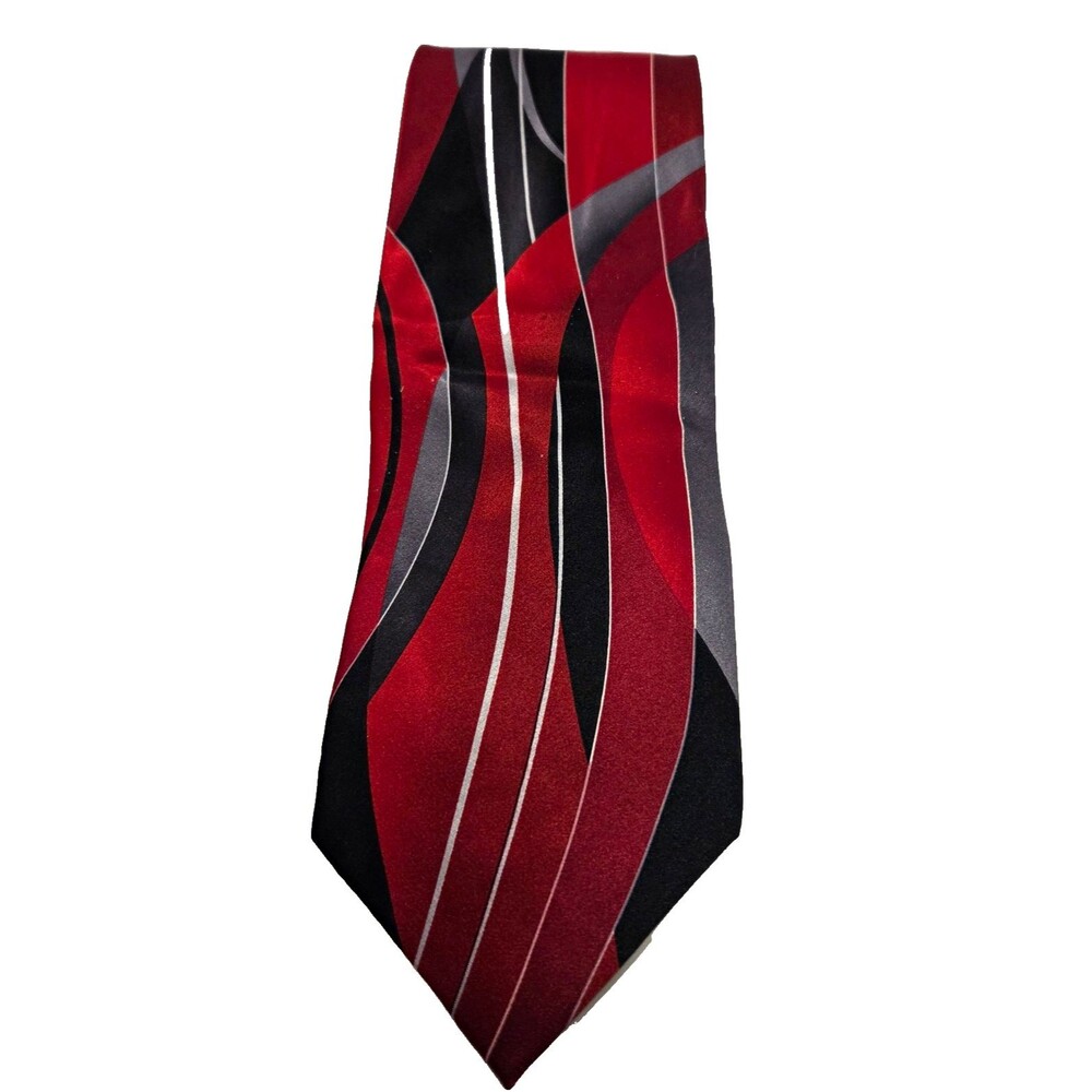 George Red Black Gray White Striped Satin Silk Men’s Neck Tie
